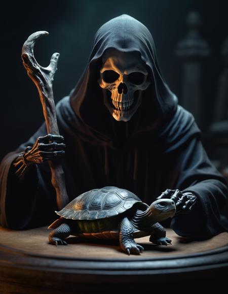 award winning spooky photograph, grim reaper pondering his turtle, chroma, rim lighting, volumetric, 8k resolution, trending on artstation