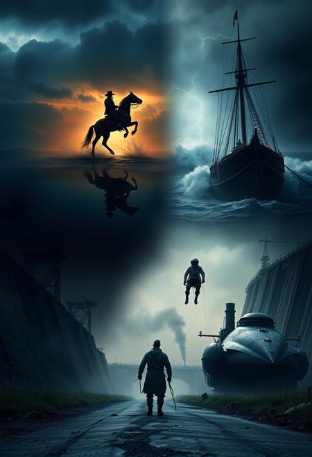 A powerful, multi-scene composition capturing the essence of four lives across different eras, each connected by the spirit of the Highwayman.
**First Scene:** A dark, misty road at dusk with a lone highwayman on horseback, his figure partially obscured by shadows. The horse rears as they approach a distant gallows, the tension palpable as he rides into danger.
**Second Scene:** A storm-tossed ship battles through towering waves under a stormy sky. A determined sailor clings to the rigging as lightning splits the darkness, the ship fighting against the fury of the sea.
**Third Scene:** A vast, dusty construction site during the Industrial Revolution. A rugged worker stands before an imposing, unfinished dam, surrounded by heavy machinery. His face reflects the hardship and sacrifice of building this monumental structure.
**Fourth Scene:** A sleek spacecraft drifts through the cold void of space, damaged but resilient. A lone astronaut floats outside, tethered to the ship, making critical repairs against a backdrop of glowing nebulae, symbolizing the endless frontier of exploration.