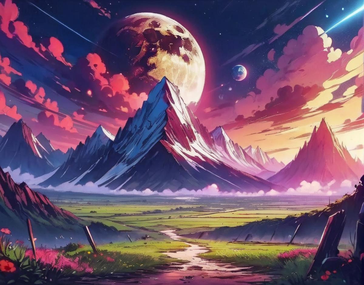 A painting of a mountain range with a moon and two planets in the background.