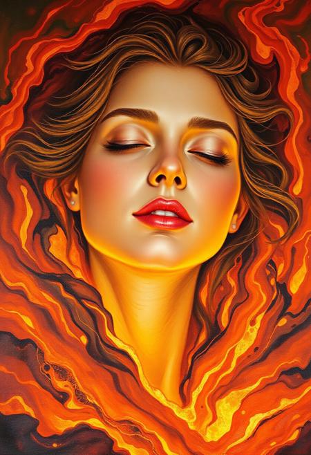 An oil painting inspired by the styles of William-Adolphe Bouguereau, J.M.W. Turner, and Carne Griffiths. The central focus is the face of a stunningly beautiful woman, her features delicately rendered with soft, painterly brushstrokes, emerging from a glowing sea of molten lava. Her face exudes a serene expression of bliss, with closed eyes and slightly parted lips, with an expression of pleasura, of intense delight, almost orgasmic. The warm glow of the surrounding lava softly illuminates her skin, blending seamlessly into the rich textures of the painting, mimicking the flowing brushstrokes of classical oil portraits.
The molten lava is depicted with a vibrant palette of deep oranges, fiery reds, and glowing yellows, creating a dynamic and intense contrast with the softness of her features. Her hair, painted with a fluid, organic style reminiscent of Carne Griffiths, transitions into the swirling, fiery tendrils of the molten lava. The edges of her face and hair dissolve into the glowing, vibrant sea of fire, creating a harmonious fusion between her form and the natural elements.
The entire painting is thick with the texture of oil on canvas, featuring expressive brushstrokes that give the scene a tactile, timeless quality. The sensuality and softness of the human form are rendered in Bouguereau’s graceful, classical style, while the glowing lava wraps around her in a swirling, fiery embrace.