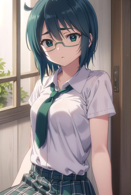 miharumikuni, <lora:miharu mikuni ova-lora-nochekaiser:1>,
miharu mikuni, short hair, (green eyes:1.5), glasses, blue hair,
BREAK skirt, shirt, school uniform, white shirt, socks, plaid, kneehighs, plaid skirt,
BREAK indoors, classroom,
BREAK looking at viewer, (cowboy shot:1.5),
BREAK <lyco:GoodHands-beta2:1>, (masterpiece:1.2), best quality, high resolution, unity 8k wallpaper, (illustration:0.8), (beautiful detailed eyes:1.6), extremely detailed face, perfect lighting, extremely detailed CG, (perfect hands, perfect anatomy),