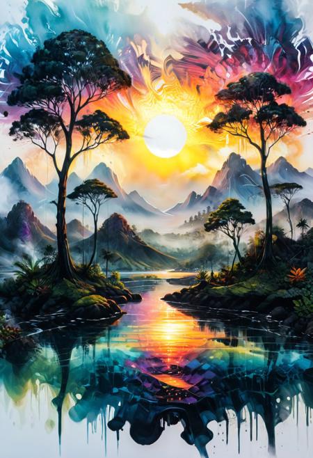 Sunset painting with double exposure,,
Fractangles masterpiece, art  colorful,(ultrarealistic but extremely beautiful:1.4), (best quality:1.2), (high detailed), inkpunk,ink stains,(ink splashes:1.5), clear focus, amazing composition,, award-winning, professional, highly detailed, (white background:2), amazing tropical landscape with surrealism elements,