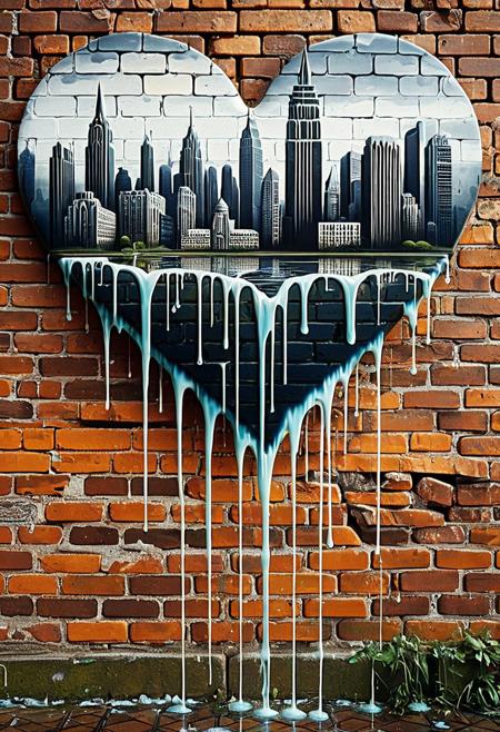 RetroBG,
A graffiti heart painted on an old brick wall, slowly dripping into the shape of a melting city skyline., surreal and ethereal style, enigmatic figure, mystery, introspection, dreamlike abstraction, soft-focus photography, subconscious elements, delicate, poetic, enigmatic allure, profound contemplation, inner reflection, human psyche, mysteries of existence.