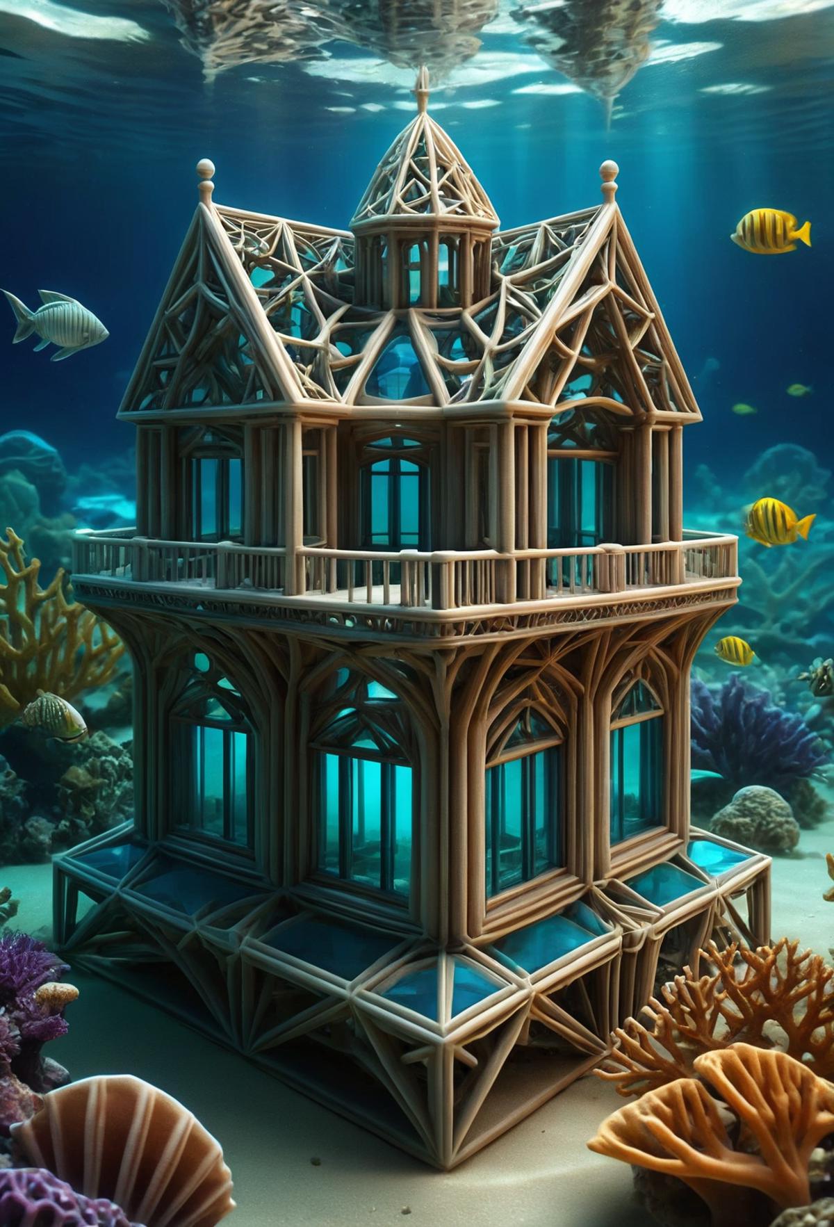 Wooden Fish House in Deep Ocean Sea with Windows and Balcony
