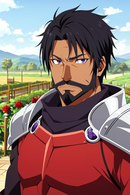 tensura, 1boy, male focus, solo, beard, facial hair, black hair, dark skin, rose, dark-skinned male, looking at viewer, fence, flower, purple eyes, armor, portrait, short hair, mature male, upper body, red rose, ((masterpiece))  <lora:tensura_offset:1>