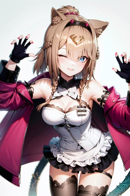 (heterochromia:1.1), masterpiece, best quality, soft lighting, absurdres, looking at viewer, solo, official costume, pardofelis (spectral claws) (honkai impact), pardofelis (honkai impact), ponytail, official alternate costume, official alternate hairstyle, cat girl, bright pupils, blue eyes, hair ornament, 1girl, gloves, solo, animal ears, fingerless gloves, one eye closed, virtual youtuber, breasts, claw pose, thighhighs, brown hair, cleavage, black gloves, jacket, cat ears, white background, multicolored hair, black hairband, smile, looking at viewer, braid, streaked hair, medium breasts, black thighhighs, frills, skirt, pink nails, hairband, animal ear fluff, pink jacket, long sleeves, simple background, single thighhigh, nail polish, apron, leaning forward, open jacket, two-tone hair, pink hair, bangs