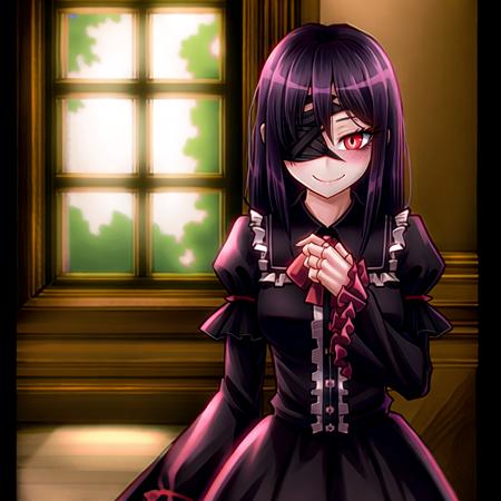 by Ray-kbys, purple bandage over one eye, eyepatch, ageha in mansion, purple ribbon, neck ribbon, black dress, gothic fashion, victorian dress, center frills, frilled shirt collar, frills, frilled dress, long hair, monster girl, purple hair, slit pupils, red eyes, eyeshadow, frilled sleeves, long sleeves, layered sleeves, wide sleeves, puffy sleeves, bow, 1girl, solo, smile, frilled_sleeves, dress, long_sleeves, black_hair, long_hair, red_eyes, looking_at_viewer, puffy_sleeves, closed_mouth, black_dress, hand_on_own_chest, juliet_sleeves, upper_body, bangs, wide_sleeves, center_frills, hair_between_eyes, joints, bandages, buttons, hand_up, frilled_shirt_collar, eyepatch, a drawing of a woman with black hair wearing a black outfit, anime, dressed in a frilly lace, with a covered face, (opulent mansion background, window, table, candles)