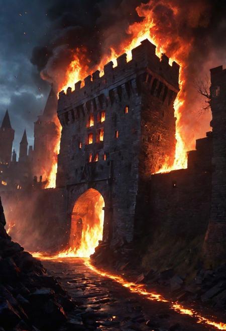 (Medieval city wall engulfed in flames, red aura spreads, fire grows:1.5), The Last War, the dying, scream with their last breath. (cosmic galaxy effects radiating off the man, hints of green magic coloring:0.5), (electric magnetic field around its head, glowing magic around its head, electric arcs spreading out from its mind:1.2), (medieval setting, green aura and bright:1.2), dusty, hazy, (blue aura, orange aura, dark and damning aura:1.3), (deep blacks, lightly grim:1.1), city interior walls,