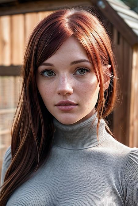 beautiful woman (EPM4d1s0nK4t3:.99), perfect hair with ((round fringe:1.2)), jewellery, ((portrait)), (closeup:1.2), ((from the waist up)), (((  chicken coop :1.2 ))), natural skin texture,  ((  Turtleneck bodysuit and mom jeans :1.2)), 24mm, 4k textures, soft cinematic light, adobe lightroom, photolab, hdr, intricate, elegant, highly detailed, sharp focus, ((((cinematic look)))), soothing tones, insane details, intricate details, hyperdetailed, low contrast, soft cinematic light, exposure blend, hdr, faded, now, ("I've got a bad feeling about this.":1.1)