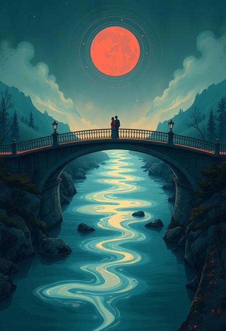 A fairytale bridge over a softly glowing river, its surface reflecting an impressionistic swirl of color, as if the water remembers forgotten dreams., surreal pop surrealism meets minimalist conceptual illustration, bold color palettes, moody dreamlike compositions, graphic symbolism, emotionally charged figures, textured painterly effects fused with clean vector forms, glowing organic shapes, stylized surreal landscapes, narrative-driven visual metaphors, contemporary storytelling with fantastical undertones, urban decay with a touch of whimsy, simplified shapes with deep psychological themes, retro-futuristic tones, surreal flora and fauna, imaginative environmental moods