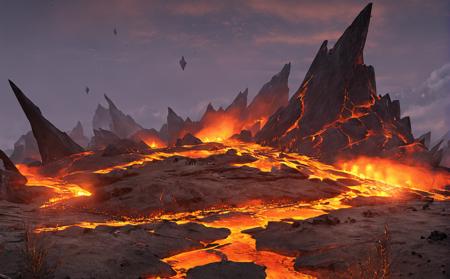 cene concept, lava field, 3D rendering, ultra-clear details, masterpiece, high quality, lava, landscape, unmanned, outdoor, fire, sky, clouds, orange theme, rock, protruding rock, spikes<lora:çå²©ä¹å°:1>