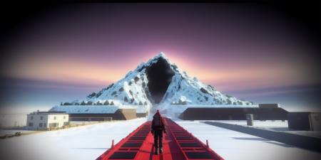 <lora:15ParralelDimensions:1>parallel dimension: a computer generated image of a person standing on a platform with a mountain in the background