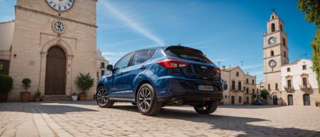 RAW photo, evo car parked in dm|pln  plaza with the clock|saint tower in the behind, focus on the evo, blue sky in a summer day,  8k uhd, dslr, soft lighting, high quality, film grain, Fujifilm XT3 <lora:evo-car_pln-plaza_dm-plaza_DAdapt-LoRA_SD15_v061-000009:0.4>