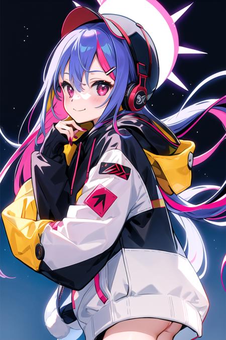 1girl, teddy bear, baseball cap, hat, solo, stuffed animal, stuffed toy, smile, long hair, hood down, jacket, hood, headphones, closed mouth, purple hair, long sleeves, fingernails, nail polish, sleeves past wrists, looking at viewer, multicolored eyes, bangs, hooded jacket, yellow nails, red jacket, multicolored nails, hair ornament, object hug, blush, red nails, white headwear, upper body, purple eyes, claw pose, heart, black headwear, hand up, bow, hoodie, hairclip, nail art, button badge, very long hair, hair between eyes, orange nails, puffy long sleeves, puffy sleeves, black bow, badge, holding, drawstring, red eyes, pink nails, star (symbol), multicolored hair, blue nails, holding stuffed toy, lightning bolt symbol, colorful, looking to the side