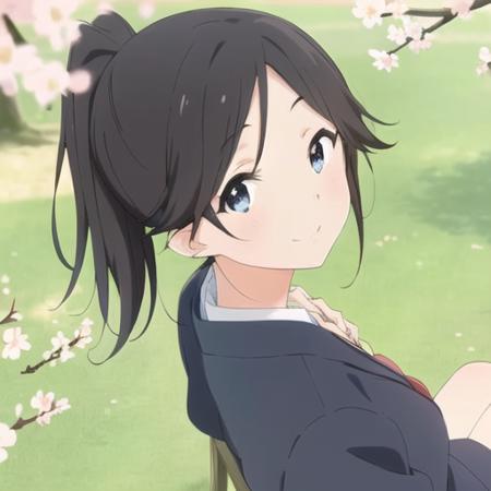 <lora:kasaki_nozomi_v4-000006:0.6>, high quality, masterpiece, beautiful, 1girl, kasaki_nozomi, ((flat chest)), high ponytail, blue eyes,  black_hair, Kitauji High School uniform,  (((in spring))), cherry blosssom,(sitting), wood shair,  smile, (look back)