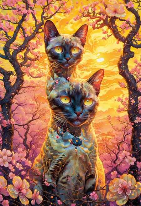 PsychadelicChaos, absurdres, high resolution, detailed, stylized by Alex Ross, Marc Silvestri, photograph, close up of a In a surreal landscape, the iconic Siamese Cat psychadeliced in a vibrant Enticing Yellow psychadelic is seen in front of a backdrop of cherry blossom flowers. at Sunset, Light, Gadgetpunk, Cold Lighting, Kodak portra 800, 80mm, One Color, <lora:Upgraders\Detail Tweaker XL:1.0>, <lora:Challenge\aidmaPsychadelicChaosWorldMorphXL-V0.1:1.0>