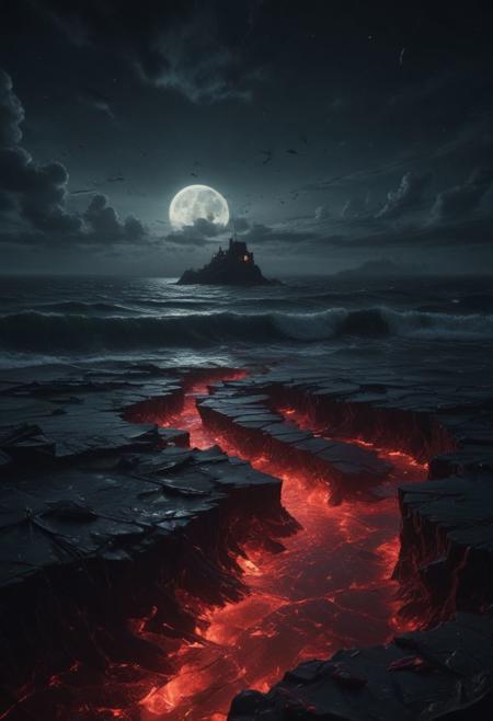 cinematic, (high quality, high resolution:1.5), (incredibly detailed:1.2), masterpiece, perfect landscape, broken glass, ((dark, horror)), abstract, ocean, (cosmic horror:1.5), insanity, atmospheric, fog, at night, dimly lit, 4k, high quality, red outline,
