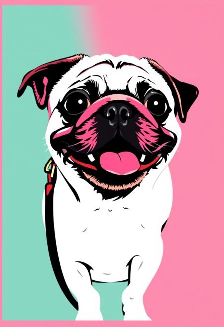 A pop art image of the happiest little pug you've ever seen in the style of Andy Warhol