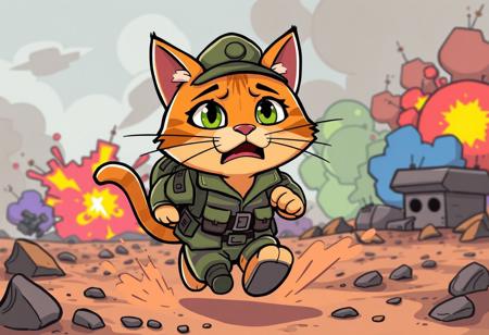 cartoon style, a cat with army uniform running from a battlefield with multiple colors colorful explosions with a worried funny face, dust color, color smoke