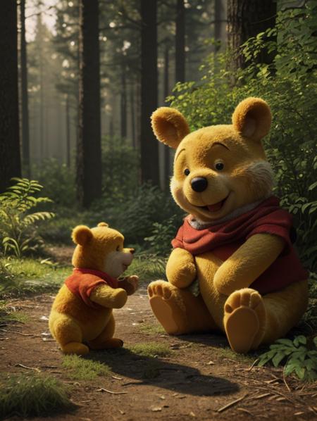 Watercolor painting HDR photo of Hyperrealistic art masterpiece of Winnie The Pooh playng with bees, in a forest clearing, early evening, The Pooh has highly textured fur <lora:xl_more_art-full_v1:0.25> . Extremely high-resolution details, photographic, realism pushed to extreme, fine texture, incredibly lifelike. High dynamic range, vivid, rich details, clear shadows and highlights, realistic, intense, enhanced contrast, highly detailed, 3D render, ((hyper realism)), sharp focus, cinematic lighting, photo realistic, hyper realistic. 4k, natural, global illumination, caustics, ratytracing, Unreal Engine, highly detailed, trending on Artstation . Vibrant, beautiful, painterly, detailed, textural, artistic