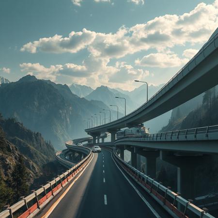 a pov on a multy level elevated highway,bwtween mountains, clowdy day, futuristic cyberpunk