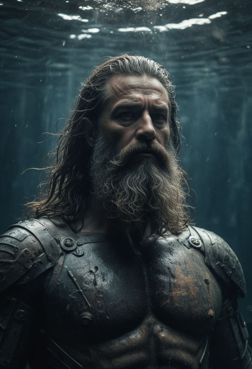 Poseidon, long hair, long beard, iron armour, underwater (dark mood masterpiece Photography by Mario Giacomelli:1.2),high quality, 8K Ultra HD, full depth of field and realistic textures, colorful, atmospheric haze, Film grain, cinematic film still, highly detailed, high budget, cinemascope, moody, epic, Overall Detail, 2000s vintage RAW photo, photorealistic, candid camera, color graded cinematic, atmospheric lighting, imperfections, natural