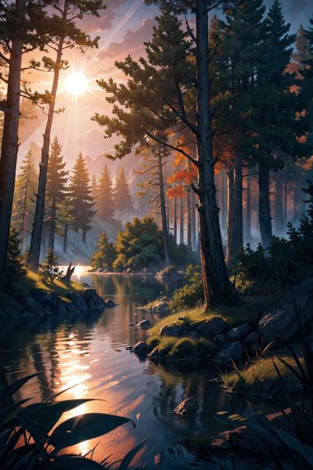 (highres,absurdres,incredibly absurdres,huge filesize,Volumetric Lighting,moody lighting), Forest, lake, evening, sun,