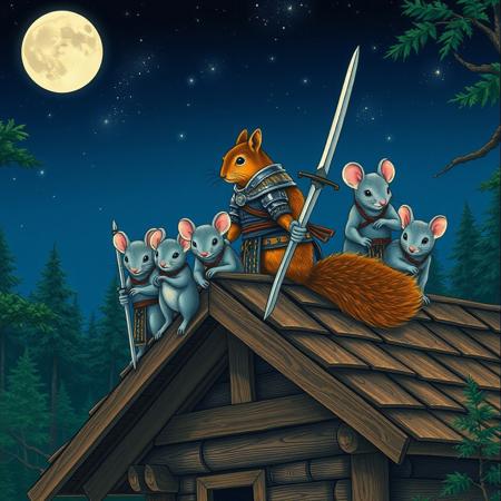 A warm summer night,  a one big squirrel dress like a commander of a group of grey mice. All  are standing on the top of a wooden roof of a big wooden cabin in the middle of the forest.  All of them wear a medieval knight armors and hold steel swords. vivid colors, ukiyo-e  style