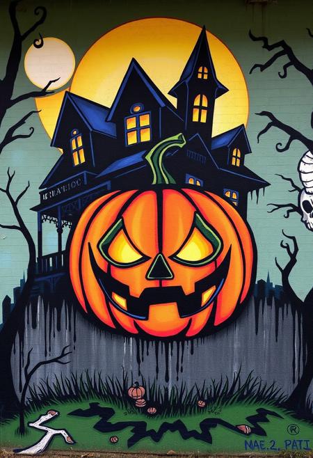 Graffiti art of a jack o lantern with a haunted house in the background, street art, mural, halloween, highres, good quality