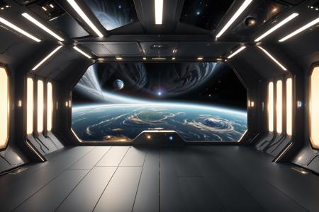 (best quality,masterpiece,realistic,HDR,UHD,8K,highres,physically-based rendering,extreme detail description,:1.2)bright environment,The background is the universe and the earth,on the deck of the spaceship,Symmetrical environment,simple surrounding background,earth,starship,spacestation,