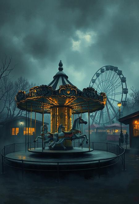 A dinkfsn style ink wash painting 
A scene of Liminal outdoor scene of deserted amusement park at night, no humans, Galloping Horse Carrousel rideon front ,Ferris wheel amd other rides can be seen in background, soft luminous realism, dramatic atmosphere, glowing rich textures, rich oil-paint detailing, contrast between light and shadow, misty and romantic environment, gentle emotional expression, stormy epic cloudy skies.
Rich colors, color palette of green, gray, mahogany and violet. Highlights of orange light in the windows and streetlights.