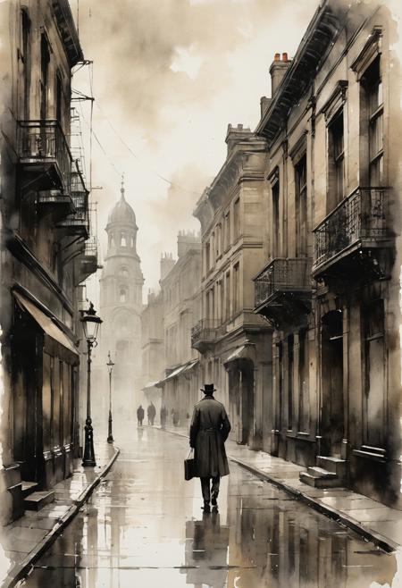 A melancholic ink-wash portrait of a solitary Victorian figure in a desaturated, moody urban setting. Expressive bold ink strokes define the man's sharp features, while soft washes of muted earth tones create a vast, misty backdrop of old city streets. The composition leans into atmospheric minimalism—buildings fade into negative space, with distant domes and quiet alleyways rendered in textured strokes on aged, stained paper. Subtle details like faded handwritten text and ghosted outlines add a sense of memory and timelessness. The mood is introspective and dreamlike, evoking solitude, faded grandeur, and poetic restraint—a moment suspended between history and imagination.