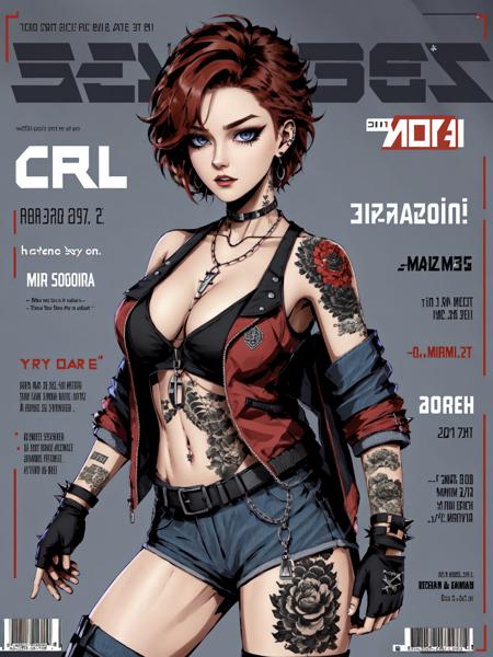 Defaults17Style, 1girl, jewelry, solo BREAK (magazine cover, english text:1.3), tattoo, short hair, necklace, jacket, belt, fingerless gloves, red background, gloves, red eyes, breasts, shorts, red hair, chain, spikes, thighhighs, cleavage, black tank top, earrings, tank top, choker, black gloves, open clothes, character name, arm tattoo BREAK hair over one eye, makeup, blue jacket, denim, bare shoulders, off shoulder, chain necklace, open jacket, thigh strap, looking at viewer, collarbone, piercing, black belt, medium breasts, neck tattoo, belt buckle, spiked collar, feet out of frame, cross, eyeshadow