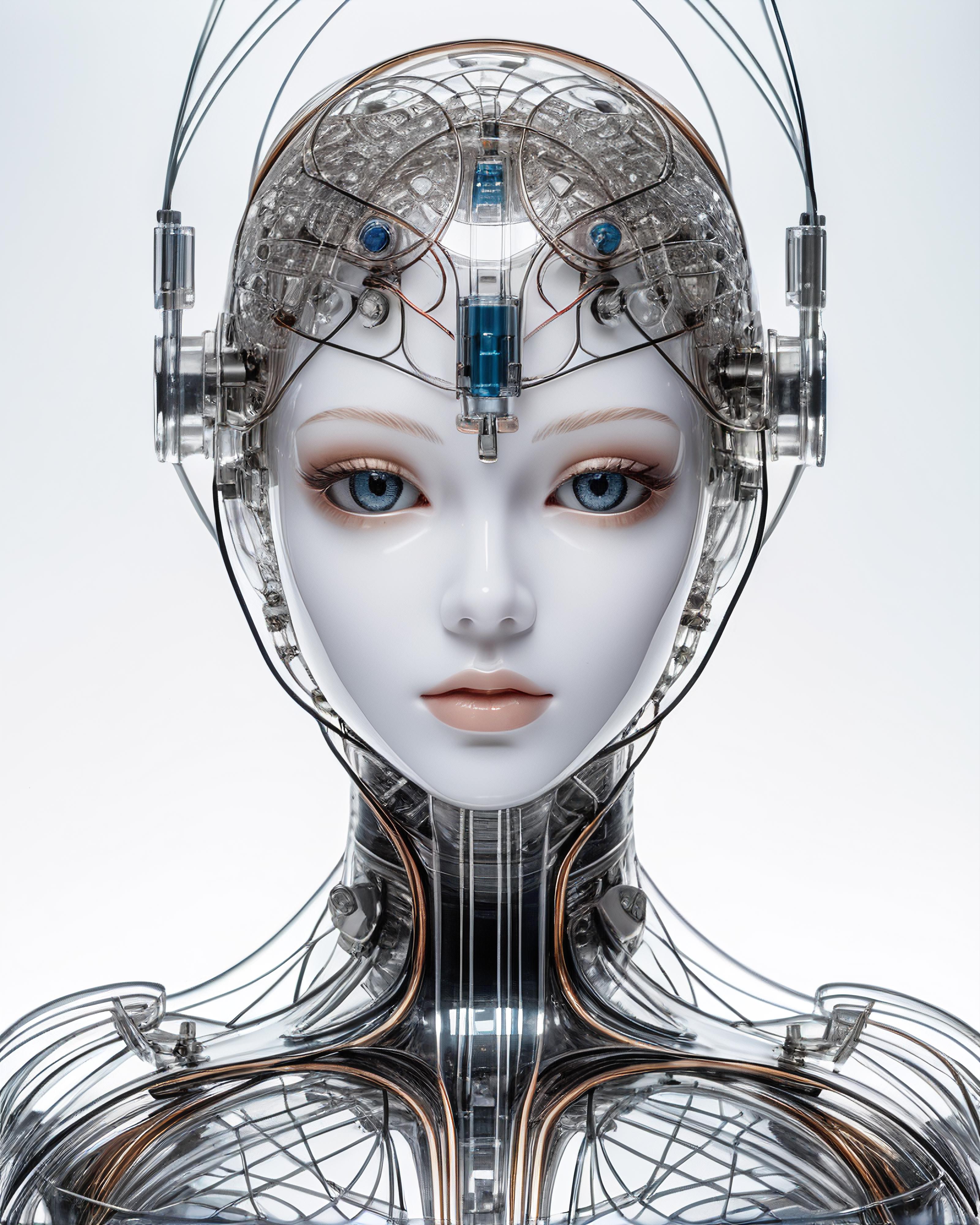 Futuristic Robot Doll with Blue Eyes, Wireframe Head, and Glowing Circuitry