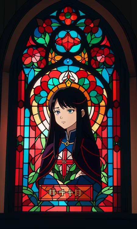 stgl2023, uhd, best quality, masterpiece, trending on arstation, flat colors, 1girl, anime, stained glass window,