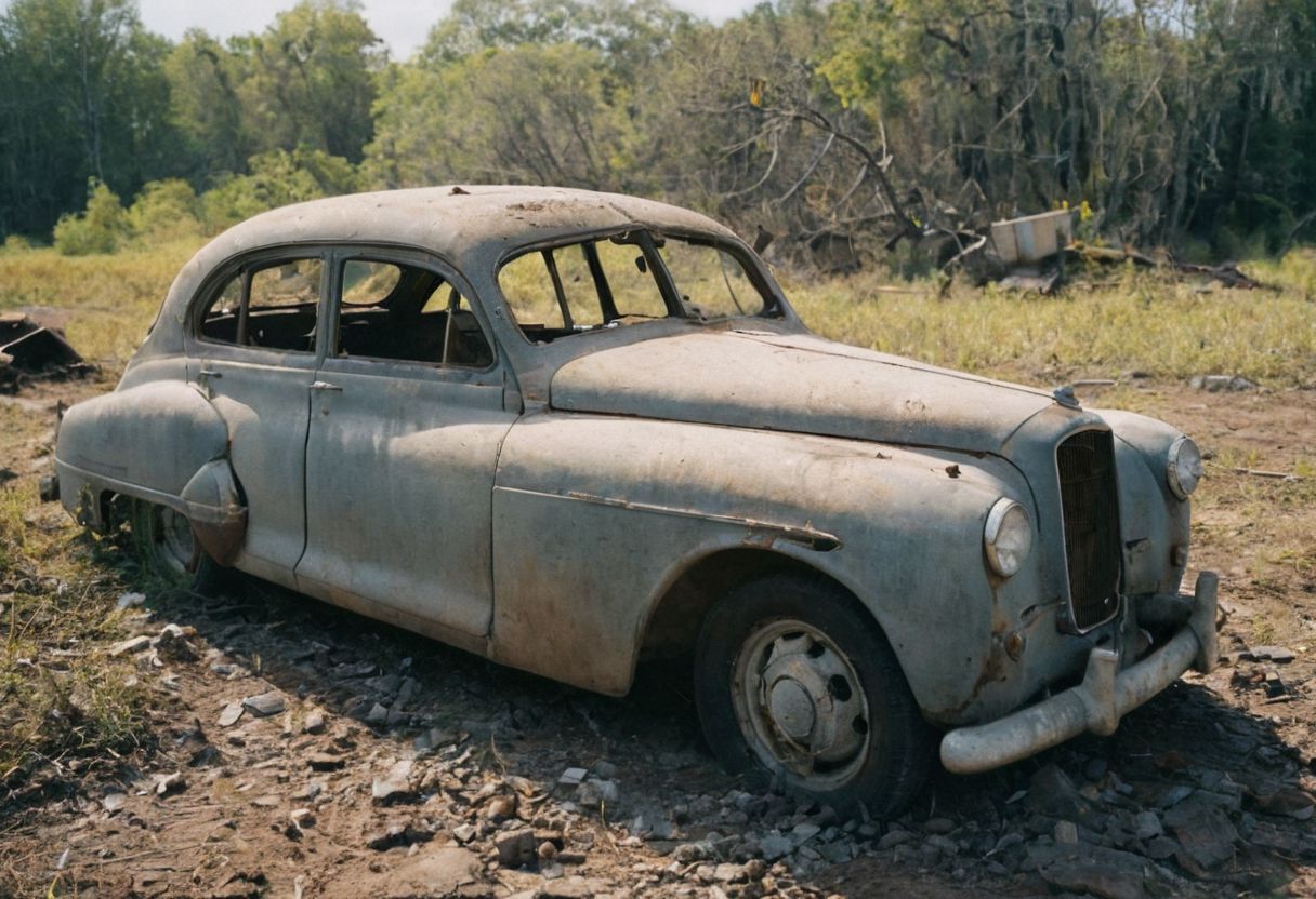 leica m3, 35mm Voigtlander lens, Portra 160/400, photo of abandoned and destroyed 
antique car from 1900, high resolution, high contrast, natural  sunlight