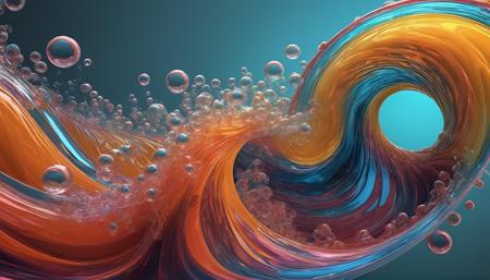 3D render abstract, curves, streamline, dynamic, splash, bubbles, spiral, fractal, Fibonacci, interdimensional, (vibrant:1.2), waves, complex, rhythm, surreal, refractions, rippling effect, translucent caustic effect