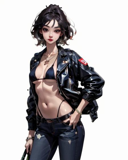 <lora:ImpastoAnime:1>,1girl, denim, jeans, solo, breasts, pants, jewelry, black hair, navel, jacket, short hair, necklace, mole on breast, bracelet, leather, mole, looking at viewer, white background, bikini, hand on hip, simple background, black jacket, black bikini, swimsuit, black eyes, leather jacket, blue pants, underwear, cropped jacket, makeup, medium breasts