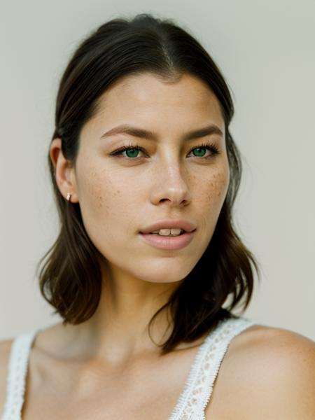 Realistic photo of a beautiful j3ss1c4b woman,  solo, looking at viewer, short hair, blonde hair, simple background, brown hair, white background, green eyes, parted lips, teeth, mole, lips, portrait, freckles, realistic, nose, mole on cheek, soft lighting, professional Photography, Photorealistic, detailed, RAW, analog, sharp focus, 8k, HD, DSLR, high quality, Fujifilm XT3, film grain, award winning, masterpiece<lora:j3ss1c4b:1.0>