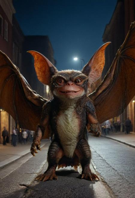 (Xbatx:1.3), Xgremlinx,  Big wings of bat,  amazing quality, masterpiece, best quality, hyper detailed, ultra detailed, UHD, perfect anatomy, portrait, hyper-realism, majestic, awesome, inspiring, - portrait in night city street ,  cinematic composition, soft shadows, national geographic style,