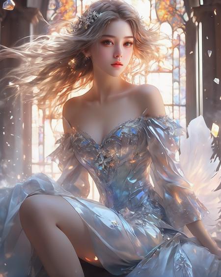 1girl,  a detailed organ die dress,  sitting,  burning hair, crystalstextureHair,  Iridescence hair,  watercolor_(medium),  large top sleeves, Floating white silk, no shoe,  star hair ornament,  Many ice cubes surround the girl, ice and fire melt,  detailed dice,  ice crystal texture wings, spark,  burning,  Burn one self in flames, bare knee,  snowflake,  burning sky,  the smoke of gunpowder,  Ice is floating in the air,  a hell on earth,  floating glass fragments, Hiten,  an extremely delicate and beautiful girl,  gothic architecture, ,  Ambient light,  beautiful detailed glow,  ray tracing, cinematiclighting,  reflective hair,  beautiful detailed eyes,  extremely detailed hair,  beautiful detalied hair,  floating hair,  wind lift, detailedcuteanimeface,  an extremely delicate and beautiful, bestillustration,  best quality,  highly detailed,  illustration,  extreme body details,  extremely detailed CG unity 8k wallpaper, anextremelydelicateandbeautifu,  eyes the same size,  gorgeous,  Broken glass, magiccircle, beautifuldetailedwhitegloves,  fire, Bare shoulders,  Depth of field,  cowboy shot, ,  (masterpiece, best quality:1.5)