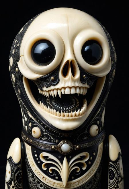masterpiece,ultra-high resolution,incredible composition,extremely detailed, 
Ebony and Ivory Scrimshaw style monster  with googly eyes, sharp teeth, rage extraterrestrial inside it, in space. made of enchanted  Macabre made out of, ebony, ivory, scrimshaw, bone carving