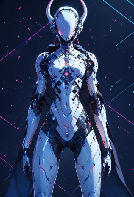 score_9, score_8_up, score_7_up, best quality, mcnm, robot girl, noface, solo, devil-horn parts, glowing black visor, Rubber body, white space_suit,( black cape:1.2), standing, legs apart, mix of colors psychedelic art background, Complicated background,  light color background,