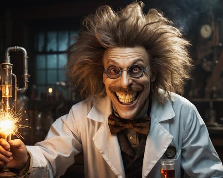 (Masterpiece, best quality, professional photo, zoomed out, detailed, film grain:1.2), (steampunk laboratory, ("mad scientist with fuzzy hair as if something exploded in the face" with big grin, (smile:1.8), many teeth:1.8)), oddly colored potion, goggles, soot, dirty, shimmering, complex scene, dramatic lighting, 8k, detailed, hyper realistic, (shadowplay, naturalistic lighting, specular reflections), dark, horror, otherwordly, mysterious, in godlike style