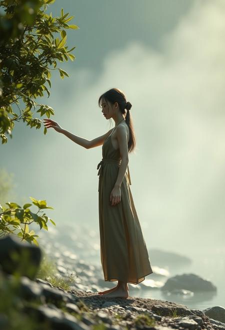 lone roguish female figure, standing, reaching out to touch a plant, stone, or water, connecting with nature, soft light, serene atmosphere, grounded, candid, subtle expression, lost in thought, engaging with surroundings, quiet action, (captured naturally:1.2), unplanned moment, peaceful, connection to nature, cinematic, (detailed background:1.3), natural light, dramatic lighting, depth of field, (photorealism:1.4), 8k UHD, (blurry:-1.3), (lowres:-1.5), (ugly:-1.2), (mutated:-1.4), (worst quality:-1.4), (bad anatomy:-1.3), (cartoon:-1.1), (sketch:-1.1), (distorted proportions:-1.3), (extra limbs:-1.5), (cgi:-1.4)