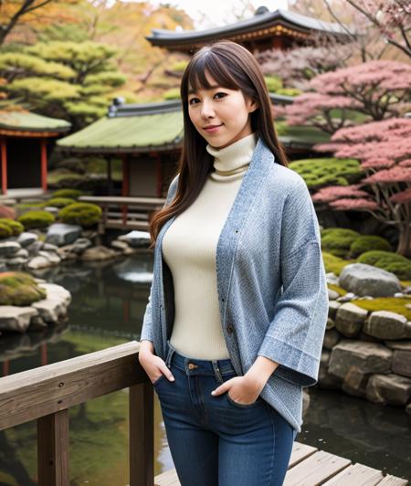 p1rop3, nature, outdoor, jeans, Turtleneck, Japanese garden, upper body, asian, smile 