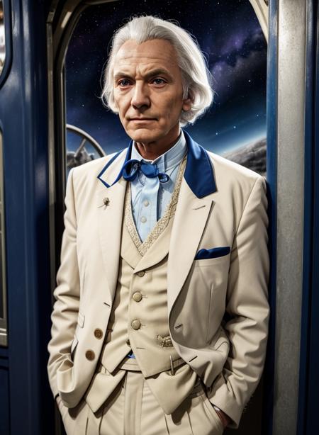 w1llhar1, solo, looking at viewer, shirt, 1boy, closed mouth, jacket, upper body, white hair, male focus, sky, parody, formal, suit, star (sky), realistic, space, old, old man, train, wrinkled skin