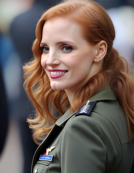 <lora:JessicaChastain:1> 2010 photo of  33 year old  JessicaChastain, in poland, as a pilot in the airforce , soft lighting, tack sharp, 4k, dslr