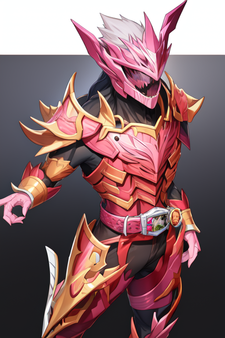 (pink armor:1.2), tyrannosaurus rex, helmet, tokusatsu, belt, solo