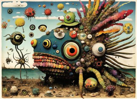 <lora:gonzobugs:1> gonzobugs squid monster with a hat, deep sea fishing, vehicle, agate geode dandelion clowncore, war-torn post apocalyptic wonderland, fauvism , Caspar David Friedrich , Takashi Murakami , Diane Dillon , album cover art, perfect, smooth, pixiv, cgsociety,